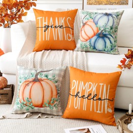 Artscope Fall Decorative Throw Pillow Covers 18x18 Inch Set of 4, Hello Pumpkin Give Thanks Buffalo Plaid Outdoor Farmhouse Pillow Cases for Home Sofa Couch-Orange