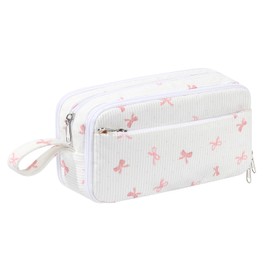 Corduroy Pencil Case, Large Capacity Pencil Pouch with 4 Compartments, Cute Soft Aesthetic Stationery Pen Bag Organizer with Zipper, Portable School Supplies for Teen and Adult Girls, Pink Bow