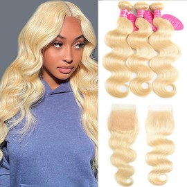 Blonde Human Hair Bundles with Closure 100% Unprocessed 613 Blonde Human Hair Body Wave 3 Bundles with 4X4 Transparent Swiss Free Part Lace Closure