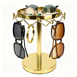 LingLingo Sunglasses Organizer Rotating Stand, Stainless Steel Eye Glasses Holder with Tray, Eye Glass Display Rack for Table Dresser Nightstand Desk and Home Decor