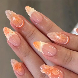 30Pcs Handmade Press on Nails Summer Fruit Fake Nails Medium Almond Nails Press on French Tip Acrylic Nail 3D Grapefruit Designs Orange Glue on Nail Reusable False Nail for Women DIY Manicure Salon