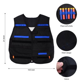 Kids Tactical Vest Kit for Nerf Guns, N-strike Elite Series with 50 Bullets Refill Darts + 2 Reload Bullet Clips + Face Tube Mask + Protective Glasses + hand wrist band
