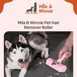 Mila & Winnie Roller Pet Hair Remover - Heavy Duty Reusable Lint Roller with Spacious Dustpan for Dog, Cat, Rabbit - Multisurfaces Fur Remover Tool for Sofa, Carpet, Furniture, Car - Pink