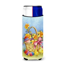 Caroline's Treasures APH4709MUK Easter Basket with Flowers Ultra Hugger for slim cans Can Cooler Sleeve Hugger Machine Washable Drink Sleeve Hugger Collapsible Insulator Beverage Insulated Holder