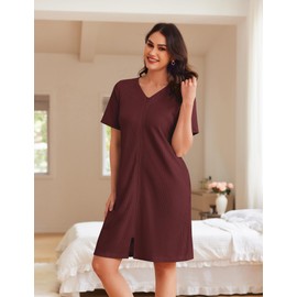 Ekouaer Women Zipper Robes Waffle Short Bathrobe Lightweight House Coat with Pockets Soft Nightgown(Wine Red, Medium)