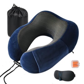 TREVEX Neck Travel Pillow U-Shaped Memory Foam Pillow for Airplane Foldable Portable Neck Pillow for Sleeping with Eye Masks, Earplugs and Carry Bag Ideal for Adults and Kids, Navy Blue