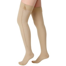 Calcetines de Compresión con Cierre Medias de Compresión hasta Muslo 20-30 mmHg para Mujer Hombre Edema Hinchazón (Beige, L)