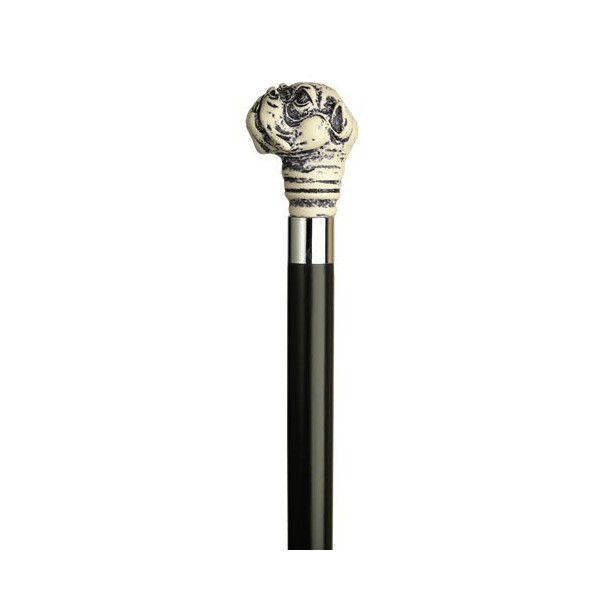 Walking Cane - Simulated antique scrimshaw Bulldog head handle-made of polymer resin. Handle is set on 1" diameter hardwood shaft which tapers to 3/4". The shaft is 36" long with rubber tip. The shaft is available in walnut or black.