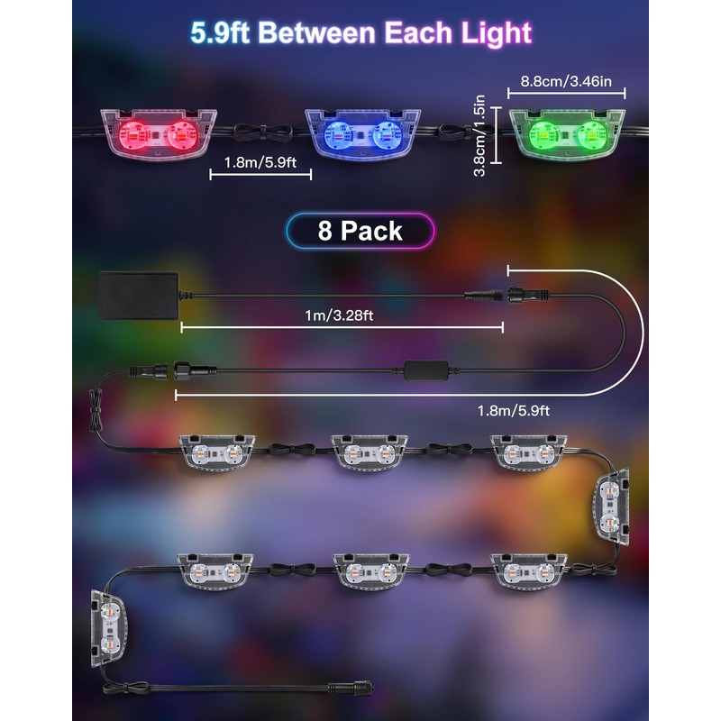 Outdoor Deck Lights, RGBCW Smart Fence Lights with 2700K-6500K Dimmable