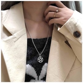 TseanYi Punk Pentagram Circle Necklace Chain Silver Pentacle Star Pendant Necklace Choker Vintage Long Necklaces Jewelry for Women