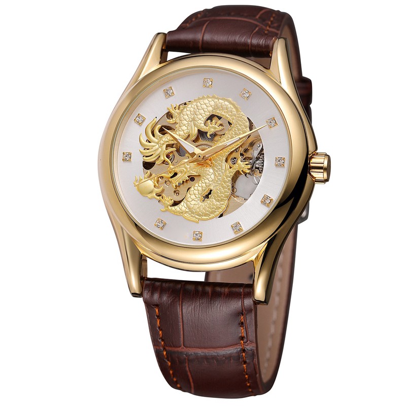 FORSINING Men Hollow Mechanical Waterproof Watch Wristwatch (White Dial Gold