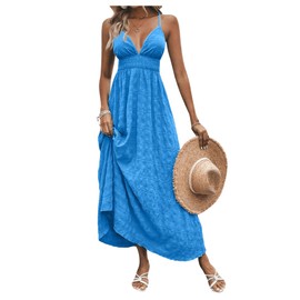 Milumia Women's Summer Smocked Cami Maxi Dress Boho V Neck Spaghetti Strap A Line Flowy Beach Long Sundress Blue Small