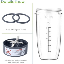 New Blender Cup and Blade Replacement Parts 32oz Cup and Extractor Blade and 2 Rubber Gaskets 4-Piece Compatible with NutriBullet High-Speed Blender/Mixer System 600W/900W Series