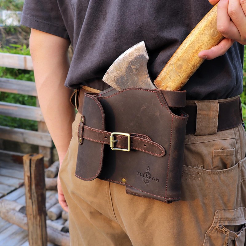 TOURBON Genuine Leather Axe Head Cover Hatchet Sheath with Belt