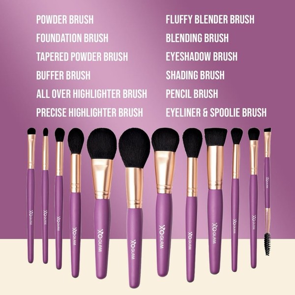 XO Glam 12Pcs Purple Passion Makeup Brush Set Premium Synthetic