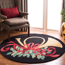 SAFAVIEH Vintage Poster Collection 6' Round Black/Multi VP321A Hand-Hooked Christmas Horn Novelty Premium Wool Area Rug