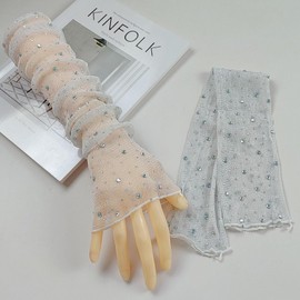 Gloritmo Women's Long Fingerless Sheer Gloves Rhinestone Elbow Length Mesh Tulle Arm Sleeves for Opera Wedding Prom Party A/Silver