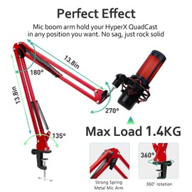 For HyperX Quadcast Boom Arm - Upgraded Mic Arm with Reduce Wind Noises Mic Foam Cover, Red Boom Arm for Hyperx Quadcast, 3/8" to 5/8" Adapter Compatible with Other Models