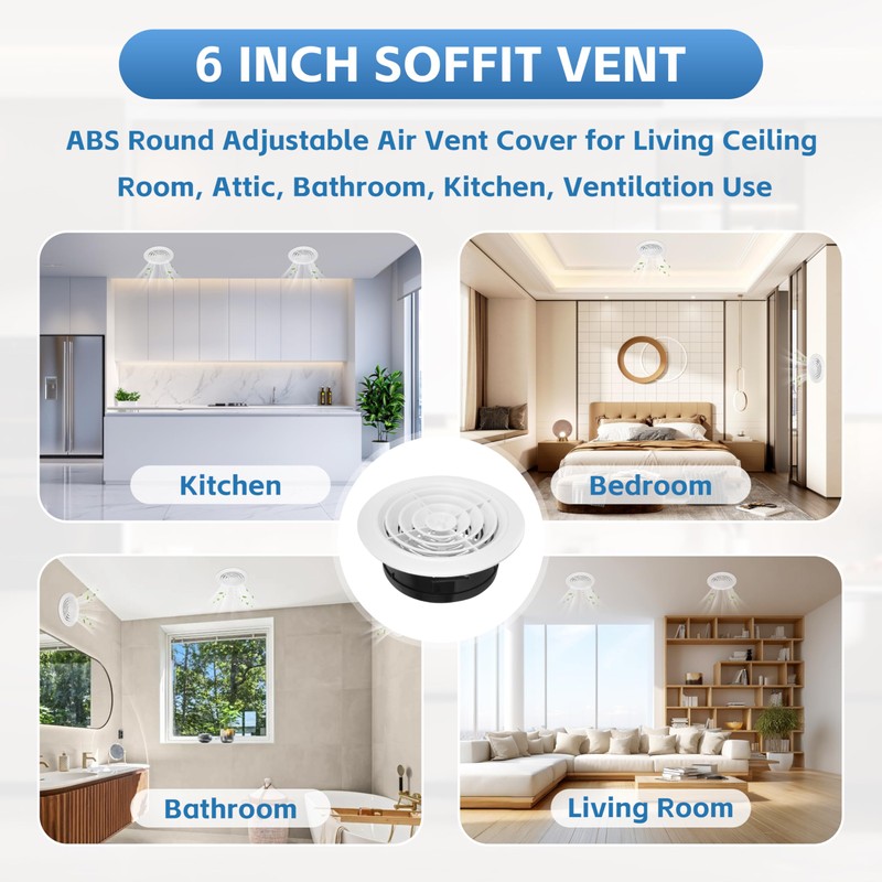 Round Air Vent Cover, 6 Inch Adjustable, ABS Ceiling Vent,