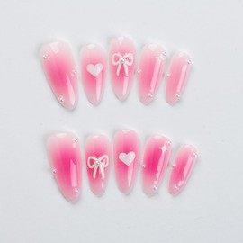 K&S Nails Press on Handmade Nails - SIZE EXTRA SMALL (Pink Lemonade) | Medium Almond | Nail Kit with Two Types of Glues, UV/LED Lamp and Glue Remover | False Nails with 10 Pcs