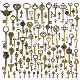JIALEEY Vintage Skeleton Keys, Wholesale Bulk Lots Mixed Set of 100 Antique Bronze Brass Skeleton Castle Dungeon Pirate Keys, 10.5oz/300g