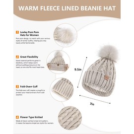 Womens Beanie Hat Scarf Gloves Set, Soft Fleece Lined Winter Hat with Pom Pom, Long Knit Scarf Neck Warmer Touchscreen Gloves for Cold Weather, 3 in 1 Warm Set Stocking Stuffers for Women (White)
