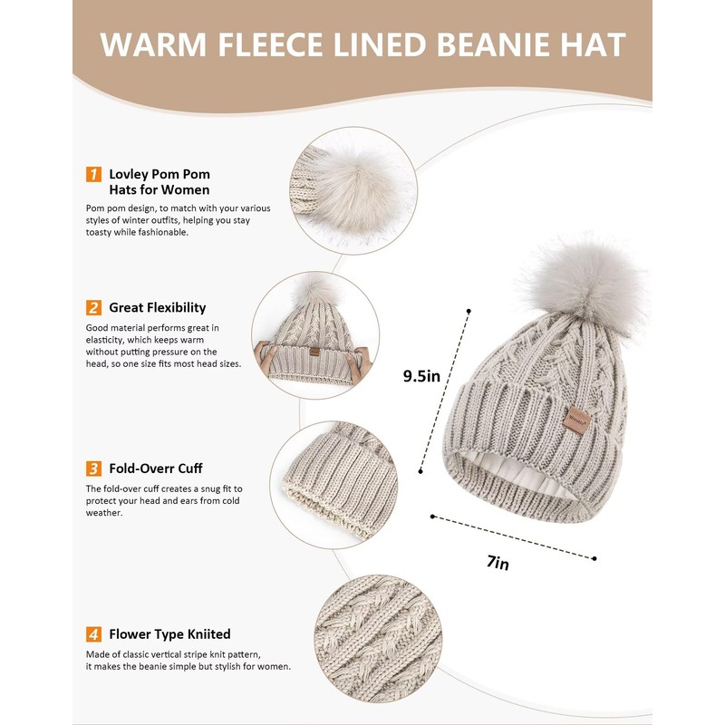 Womens Beanie Hat Scarf Gloves Set, Soft Fleece Lined Winter