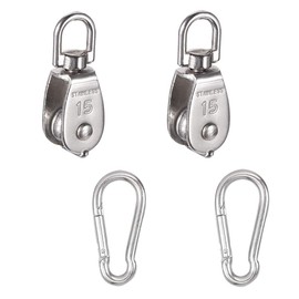 2 Sets 304 Stainless Steel Pulley Block Silver Pulley Roller with M6 Spring Snap Hooks M15 Single Pulleys Wheels for Rope Maximum Loading Capacity 35kg