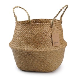 Natural Seagrass Belly Basket with Handles, Round Wicker Storage Basket Planter, 9.5" Diameter x 11" Height