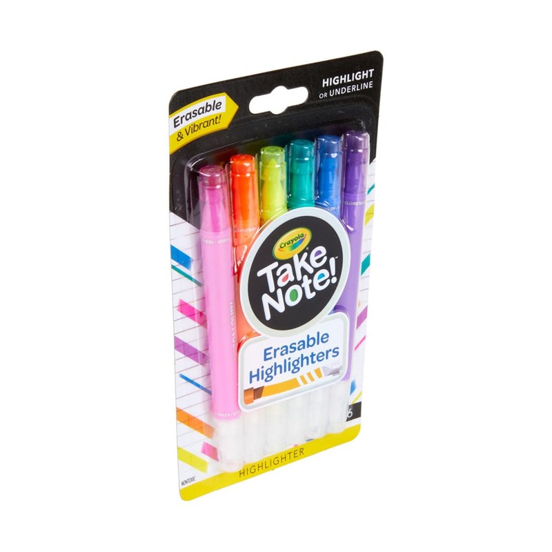 Crayola Take Note Erasable Highlighters (6ct), Assorted No Bleed Highlighters,