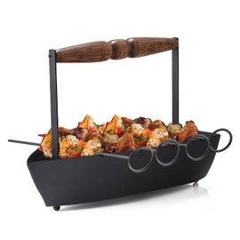 Rowboat Serving Platter Iron Shape with 4 BBQ Grill Kebab Skewers In Serving Boat - Stainless Steel Wide Reusable Barbecue Sticks Skewers for Grilling Meat, Shrimp, Chicken, Vegetable Tikkas