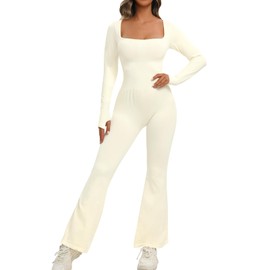 UMIPUBO Jumpsuit Women's Long Tight Yoga Sports Onesie Bodysuit Long Sleeve Jumpsuit Stretch Sports Suit Tights Shape Bodycon Romper Tracksuit, beige