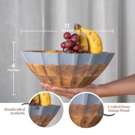 Folkulture Natural Wave Salad Bowl | 11” Large Mango Wood Serving Bowl with Dual Ribbed Design | Wooden Bowl for Salad, Fruit & Pasta | Kitchen Island & Dining Table Décor