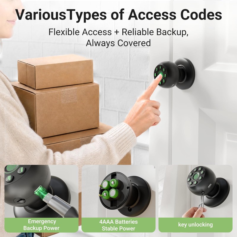 Smart Fingerprint Door Knob for Bedroom, Biometric Door Lock with