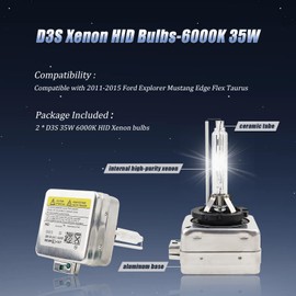 D3S Xenon HID Headlight Bulbs 6000K Cool White 35W Compatible with 2011-2015 Ford Explorer Mustang Edge Flex Taurus, D3S C1 Replacement Bi-Xenon Lights Headlamps Projector Lights, Pack of 2