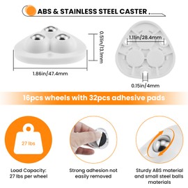 16Pcs Mini Self Adhesive Caster Wheels, 360° Swivel Universal Small Appliance Ball Transfer Casters Rollers Wheels Sliders Pulleys for Small Appliance, Small Furniture, Storage Box, Trash Can (White)
