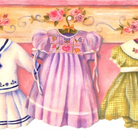 CONCORD WALLCOVERINGS ™ Wallpaper Border Vintage Pattern Girl's Dresses, Die Cut Edge for Kid's Bedroom Playroom, Pink Green Yellow, 15 ft by 6.5 in GU92112B