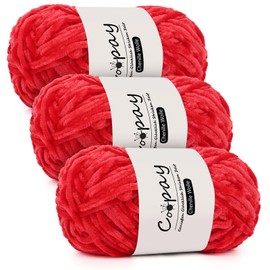 Coopay Chenille Wolle zum Häkeln, 3x100g Samtig Chenillegarn, Dicke Flauschige Weich Chenille Garn, Chenille Wolle, Weicher Plüschwolle Häkelgarn für Decken, Schals - Rot