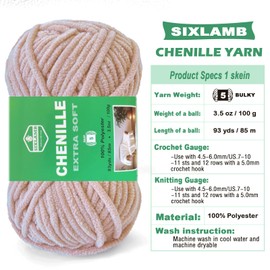 Sixlamb 3x100g Soft Chenille Yarn for Crocheting,Velvet Yarn for Amigurumi,Baby Blanket-Bulky #5-3x93 yds-MicroPolyester Velvet Yarn for DIY Craft Projects(Latte+Beige+Misty Pearl, 3 Pack Mixed)