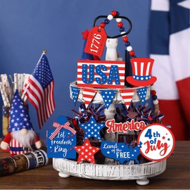 Marsui 15 Pc 4th of July Tiered Tray Decor Set Patriotic Wooden Blocks Memorial Day Tier Tray Sign Independence Day Wood Sign Farmhouse Red White Blue Table Decorations American Flag