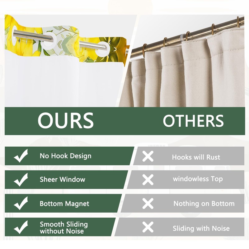 NAEMBCU No Hook Sunflower Shower Curtain with Snap in Liner