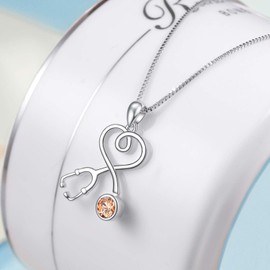 AOBOCO Sterling Silver Stethoscope Necklace Doctor Nurse Necklace, Simulated Topaz Citrine Birthstone Austria Crystal, Doctor Nurse Medical Student Graduation Jewelry Gifts for Women(Yellow Brown)