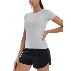 Nyvalle Seamless Short Sleeve Workout Shirts for Women Breathable Running Workout Tops Athletic Gym Yoga Basic Shirts Light Grey
