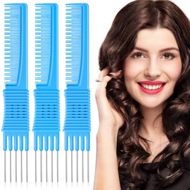 3 Pack Carbon Lift Teasing Combs with Metal Prong, Salon Teasing Back Combs Carbon Comb with Stainless Steel Lift (Blue)