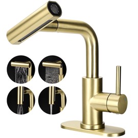 Bietor Bathroom Sink Faucet with Pull Down Sprayer, 4 Mode Gold Bathroom Faucet, Single Handle Tall Bathroom Faucet 1 or 3 Hole with Pop-up Drain & Deck Mount Plate