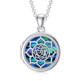 SOULMEET Round Inspirational Flower Om Ohm Aum Lotus Locket Necklace That Holds Picture Photo New Beginning Sterling Silver Abalone Shell Locket Necklace for Yogis (Locket only)