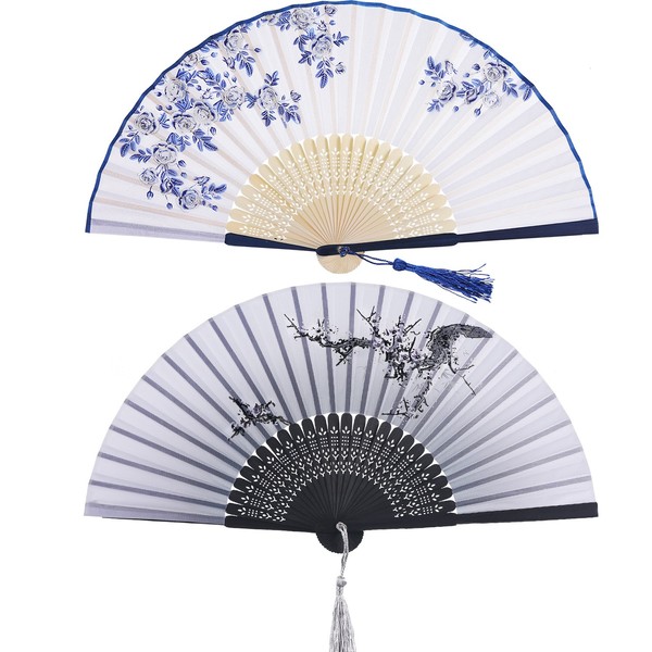 2 x folding fans, hand fans, bamboo fans with tassel women hollowed bamboo hand holding fans for wall decoration, gifts