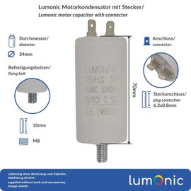 Lumonic Starting Capacitor with Plug 6.3 x 0.8 mm I 18µF 450 V I 34 x 70 mm I 18uF I Motor Capacitor with Plastic Housing I Operating Capacitor I for Pump