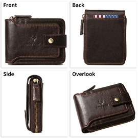 Zipper Wallet Men RFID Blocking Leather Bifold Wallets For Men - Flap ID Window Zip Coin Pocket Mens Zipper Wallets - Big Capacity Credit Card Travel Wallet