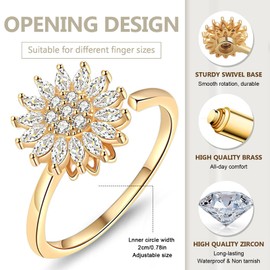 Exbrith 2Pcs Sunflower Spinning Ring, Fidget Ring, Adjustable Anti Stress Ring, Anxiety String for Women, Open Ring Fidget Spinner Rings, for Girls Men Birthday Party Gifts(Gold Silver)